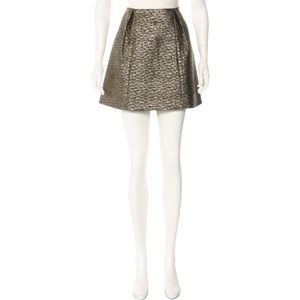 TIBI Gold Metallic Mini Skirt w/ Embossed Black Pattern & Pleats, Size: M | US 8